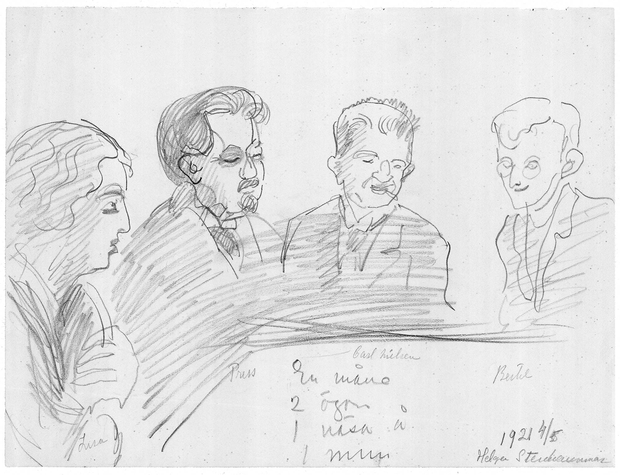 Dirigenten Mikhail Press og Carl Nielsen flankeret af Lisa Mannheimer og sønnen Bertil Mannheimer, tegnet og signeret af Helga Stenhammar. (Privateje).