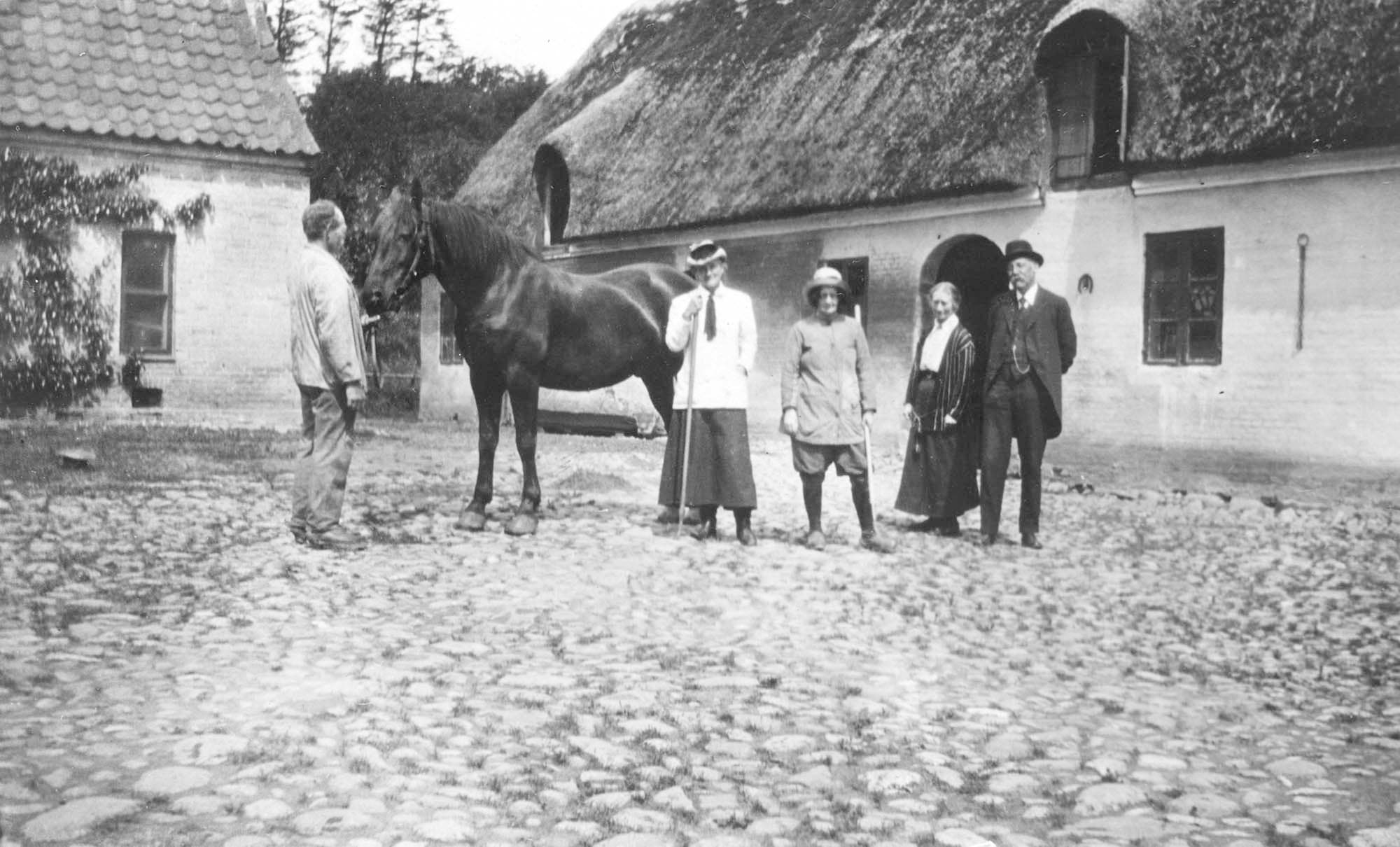 Gårdspladsen ved Damgaards avlsgård; til højre for hesten Charlotte Trap de Thygeson, Margrete Rosenberg, Jenny Theter eller Therese Krüger (jf. billede 6:409) og Cordt Trap.