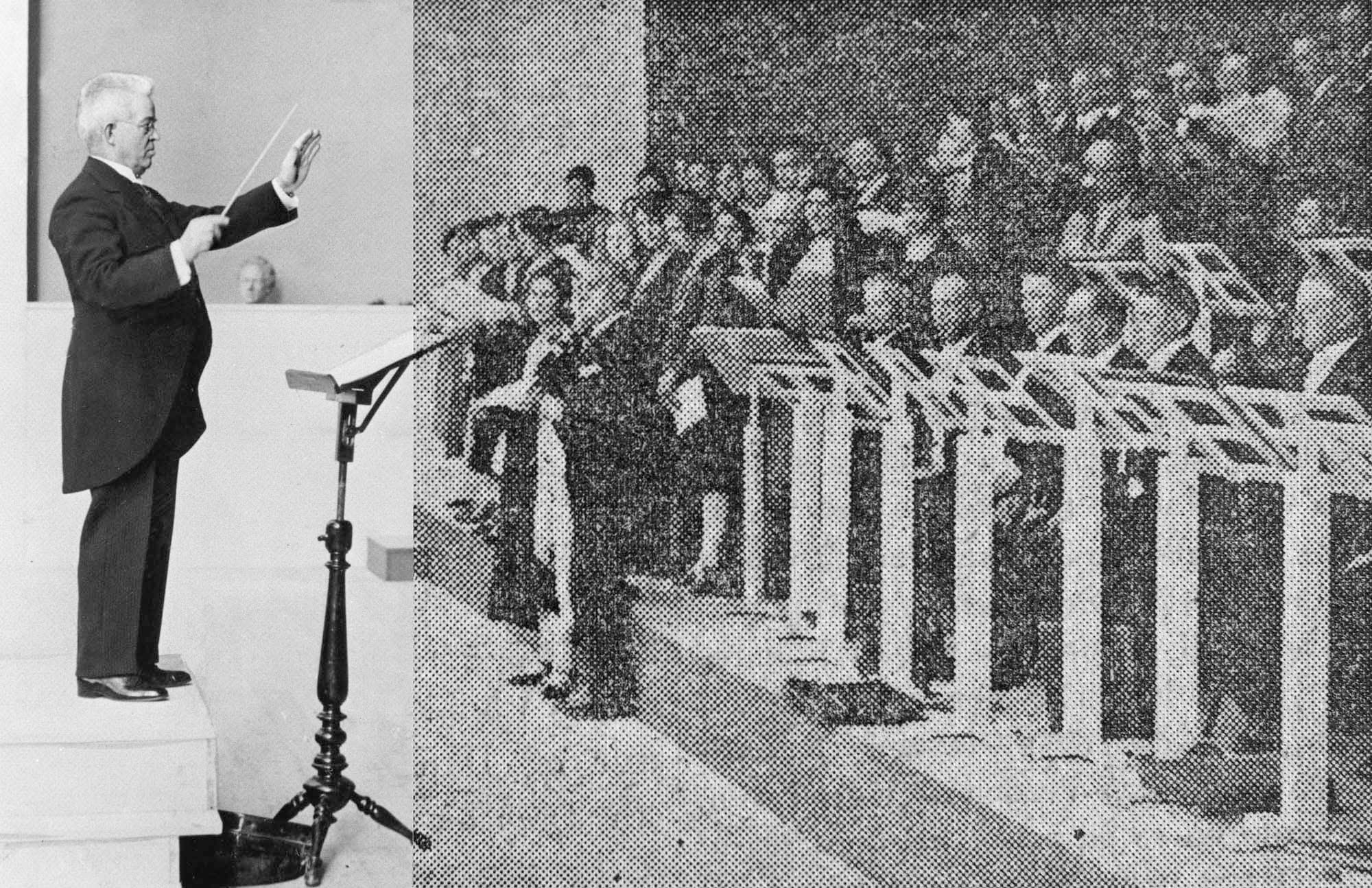 Carl Nielsen dirigerer Hymne til Kunsten, Kunststævnets åbningskoncert i Forum den 12.10.1929. Dirigenten findes bevaret som papirfoto, hele billedet kun som avisfoto, jf. Samtid s. 526. Her en sammenføjning af de to, så at ingen del af billedet er ringere end nødvendigt.